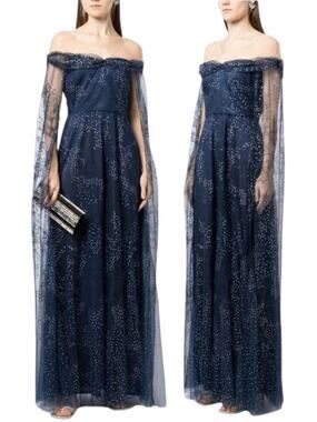 Marchesa Notte Tulle Overlay Cape Embellished Gown Blue Size 0